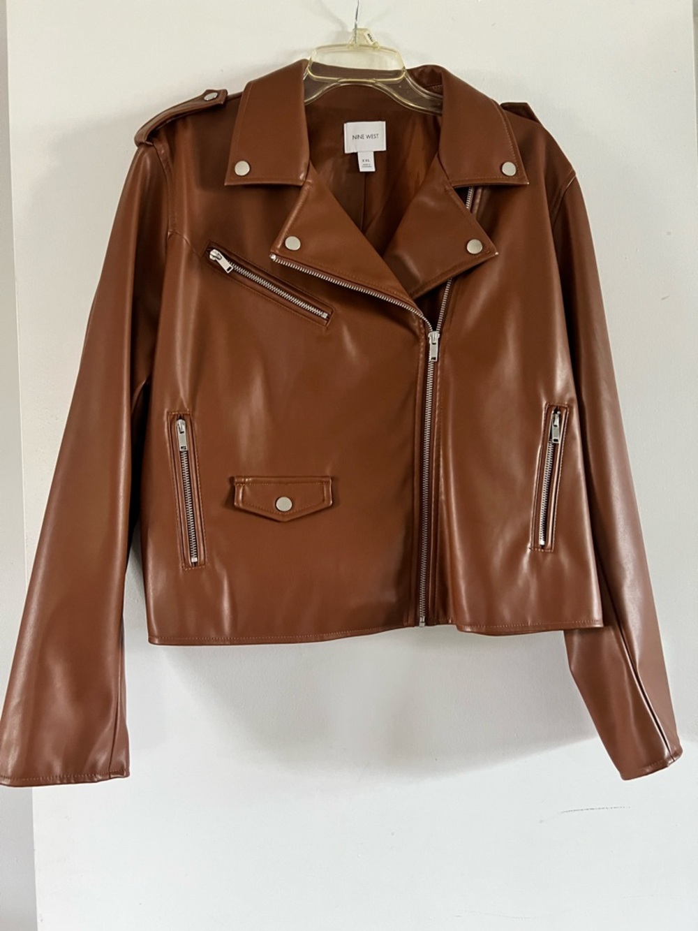 Nine West Cognac Faux Leather Asymmetrical Moto Jacket